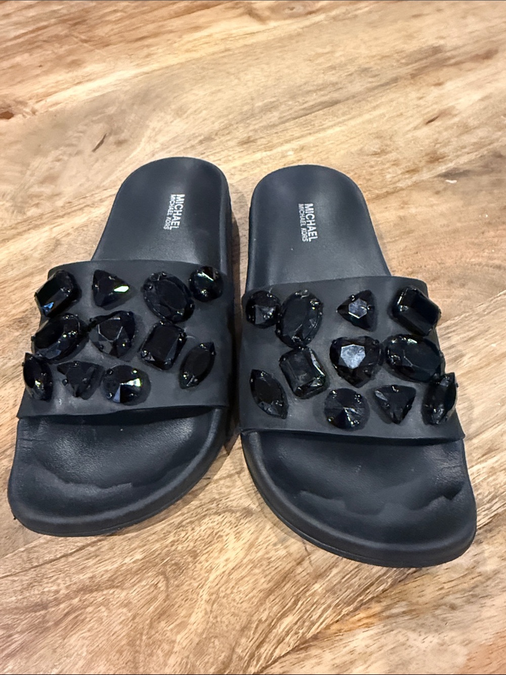 Michael Kors Black Jeweled Slide Sandals with Faceted Gem Accents